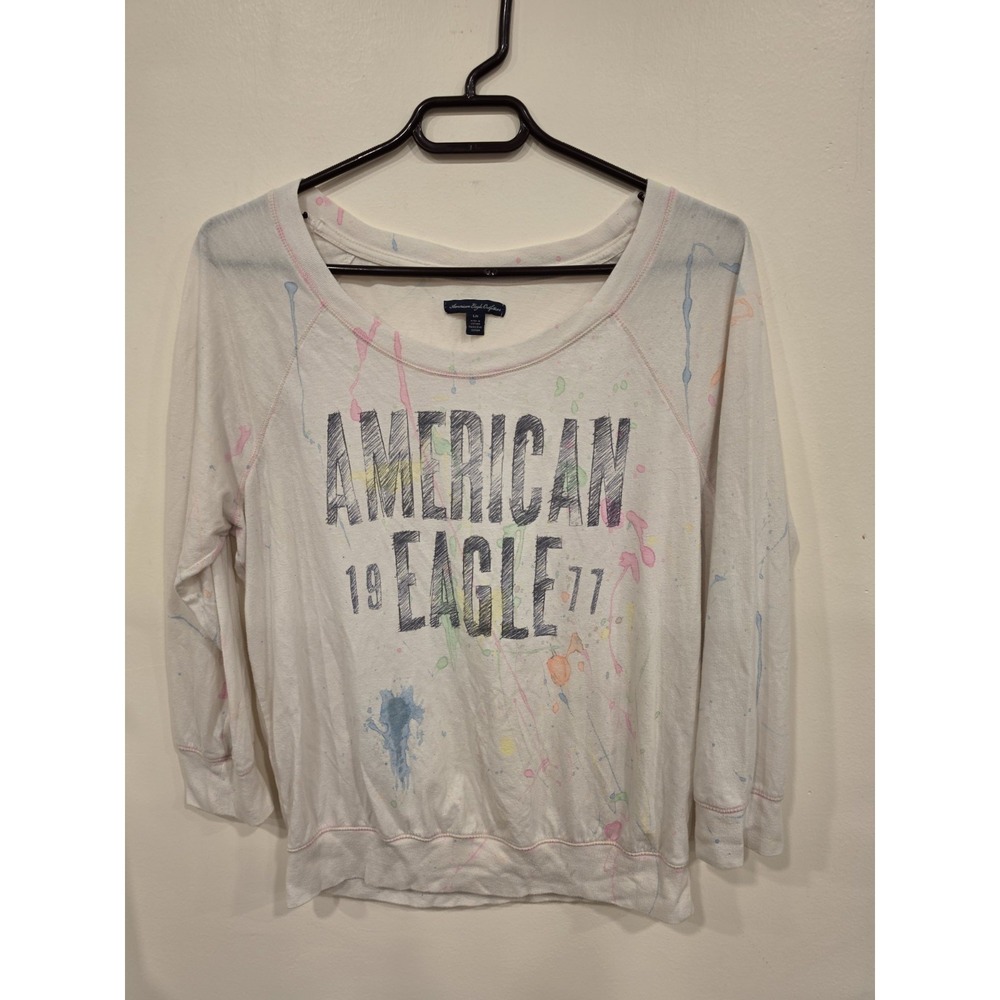 Vintage Y2K American Eagle 1977 Paint Splatter Graphic Sweatshirt Raglan‎ L